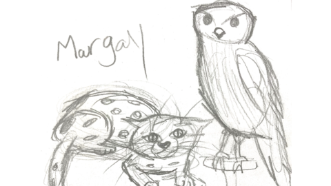 A pencil sketch of two animals.