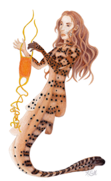 An illustration of a shark-woman holding a skate egg.