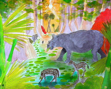 Colorful painting of animals in a landscape.