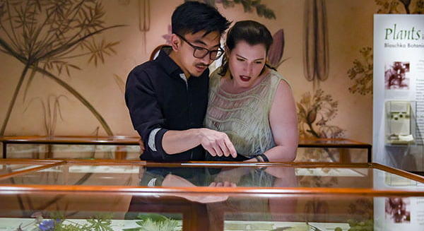 Two guests inspecting a case in the museum.