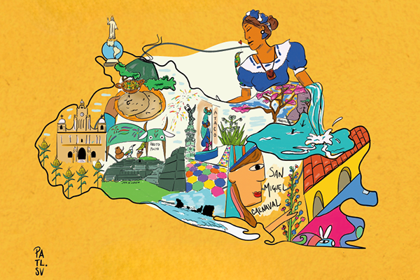 An illustration of El Salvador map filled with Salvadoran icons like women in traditional dress, a waterfall and plants.