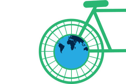 Illustration the back half of a bicycle with the earth in the center of the tire.