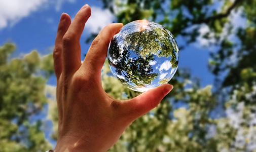 A hand holding a clear, glass ball being held up to the sky, reflecting tree leaves.