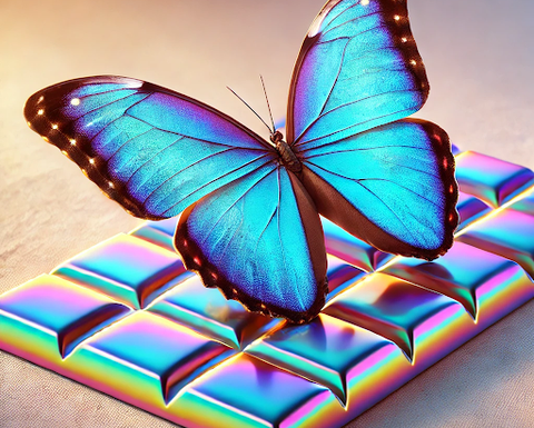 blue butterfly on holographic chocolate bar.