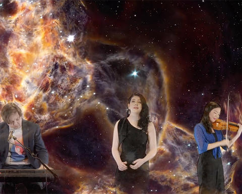 Musicians playing instruments in space