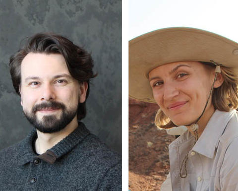 Speaker headshots. Man with beard and woman with hat.