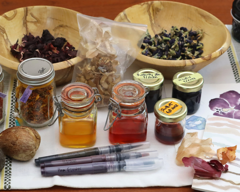 Plants, dyes, paints, and brushes laid out on a tablecloth.