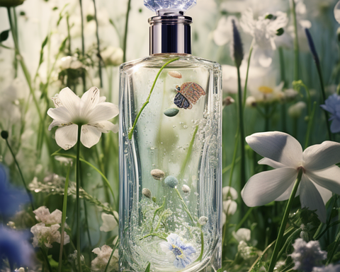 An AI-generated image of a perfume bottle surrounded by flowers and a moth.